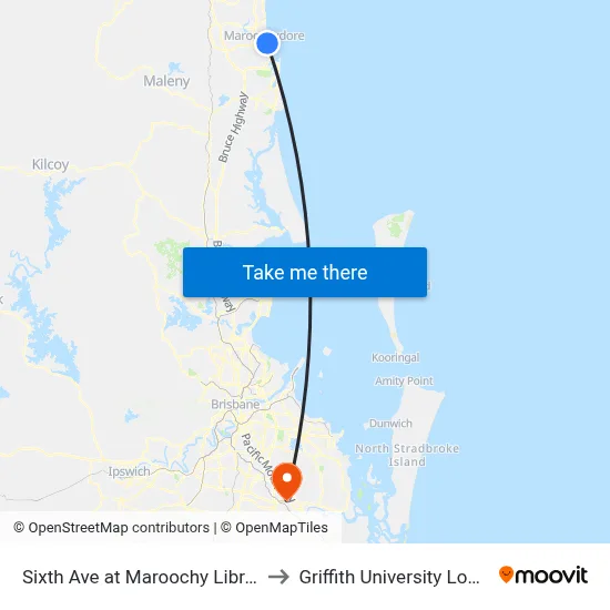 Sixth Ave at Maroochy Library to Griffith University Logan map
