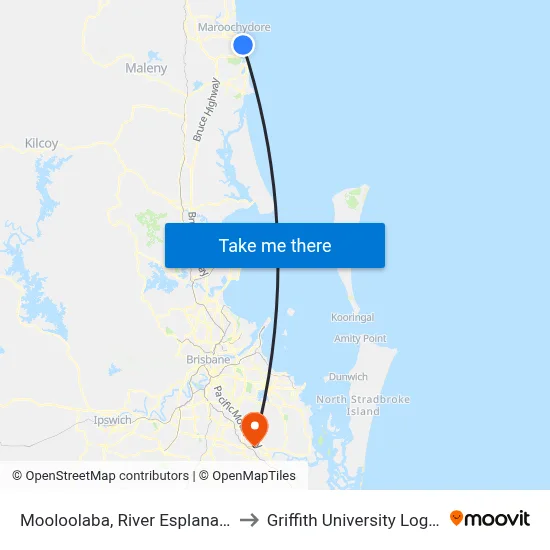Mooloolaba, River Esplanade to Griffith University Logan map