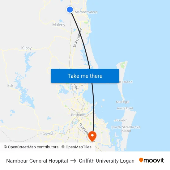 Nambour General Hospital to Griffith University Logan map