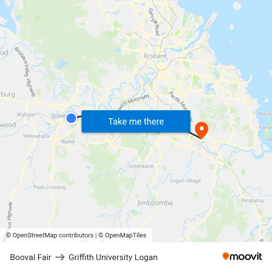Booval Fair to Griffith University Logan map