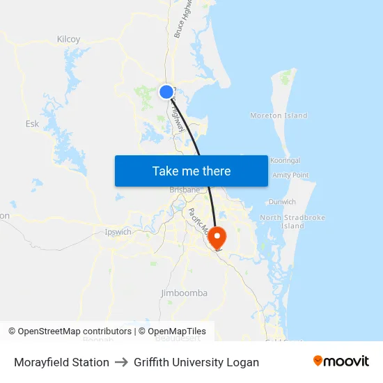 Morayfield Station to Griffith University Logan map