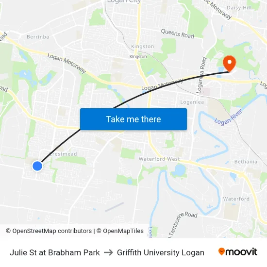 Julie St at Brabham Park to Griffith University Logan map