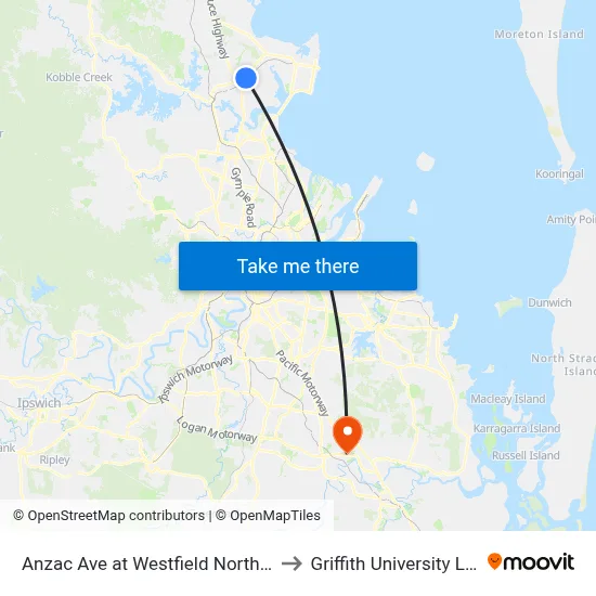 Anzac Ave at Westfield North Lakes to Griffith University Logan map