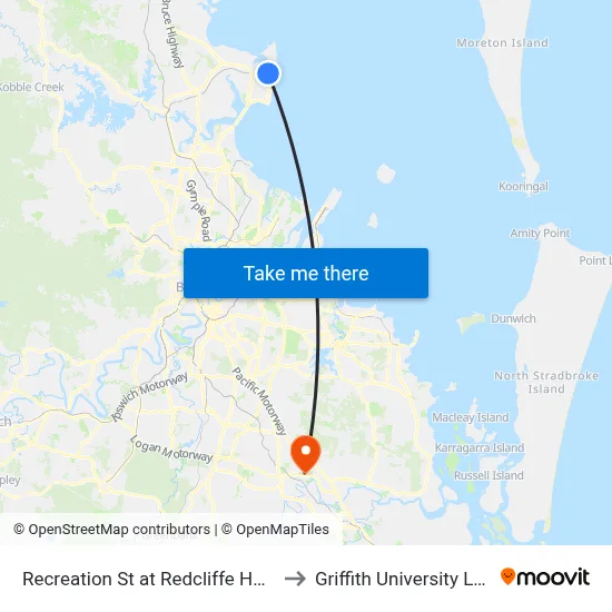 Recreation St at Redcliffe Hospital to Griffith University Logan map