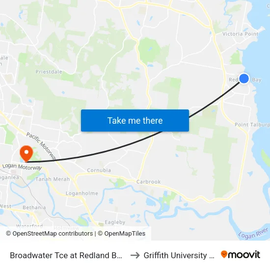 Broadwater Tce at Redland Bay Shops to Griffith University Logan map