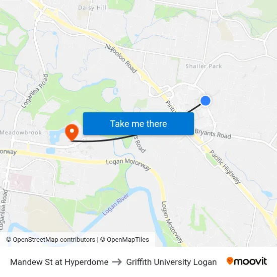 Mandew St at Hyperdome to Griffith University Logan map