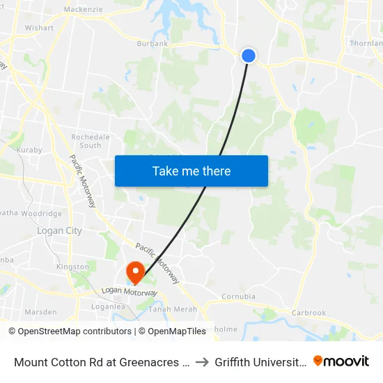 Mount Cotton Rd at Greenacres Caravan Park to Griffith University Logan map