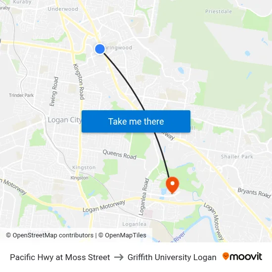Pacific Hwy at Moss Street to Griffith University Logan map