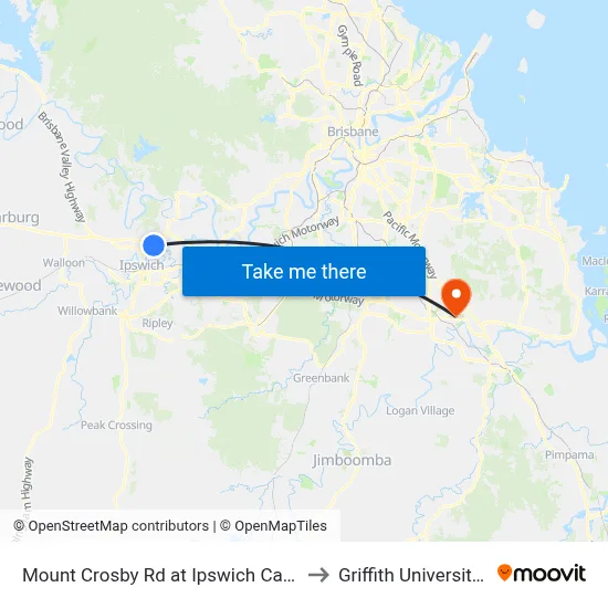 Mount Crosby Rd at Ipswich Caravan Village to Griffith University Logan map