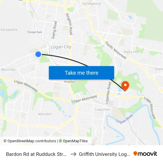 Bardon Rd at Rudduck Street to Griffith University Logan map