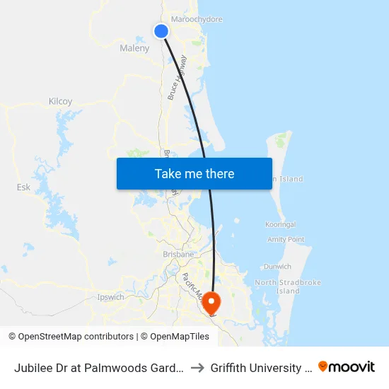 Jubilee Dr at Palmwoods Garden Village to Griffith University Logan map