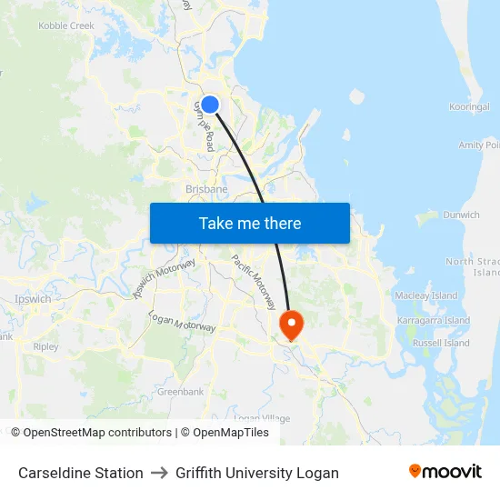 Carseldine Station to Griffith University Logan map