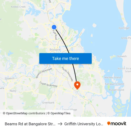 Beams Rd at Bangalore Street to Griffith University Logan map