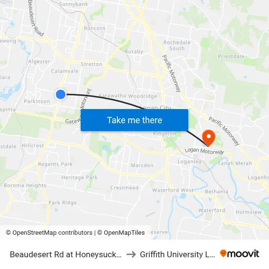 Beaudesert Rd at Honeysuckle Way to Griffith University Logan map
