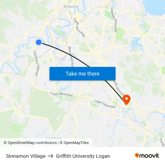 Sinnamon Village to Griffith University Logan map