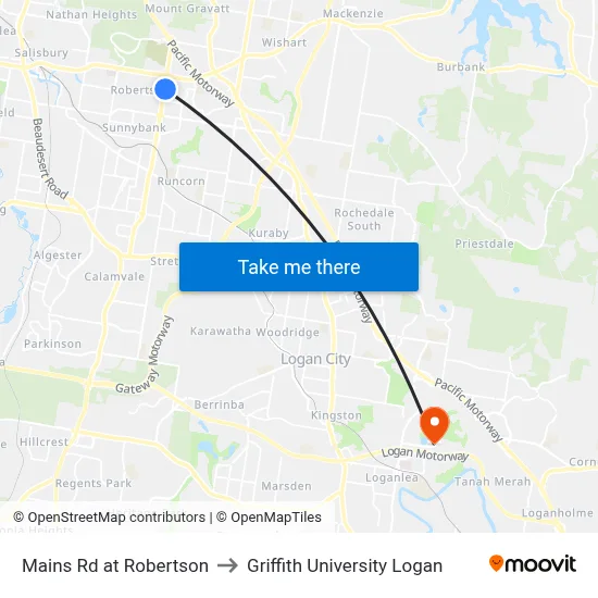 Mains Rd at Robertson to Griffith University Logan map