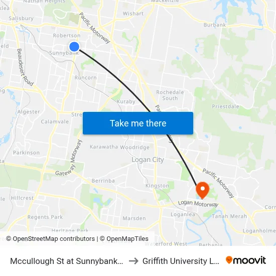 Mccullough St at Sunnybank Plaza to Griffith University Logan map