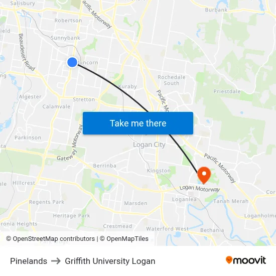 Pinelands to Griffith University Logan map