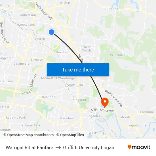 Warrigal Rd at Fanfare to Griffith University Logan map