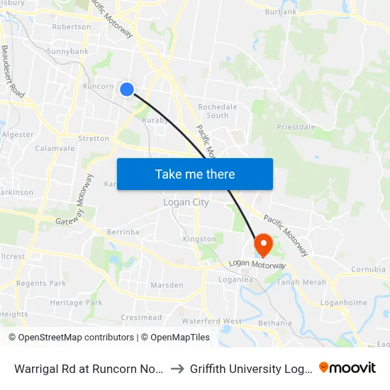 Warrigal Rd at Runcorn North to Griffith University Logan map