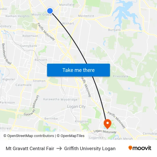 Mt Gravatt Central Fair to Griffith University Logan map