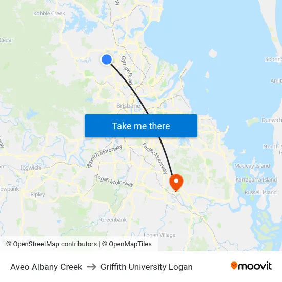 Aveo Albany Creek to Griffith University Logan map