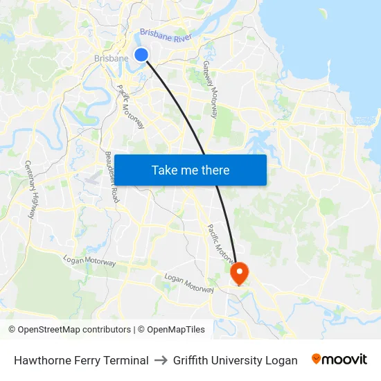 Hawthorne Ferry Terminal to Griffith University Logan map