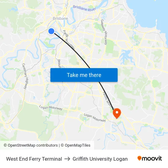 West End Ferry Terminal to Griffith University Logan map