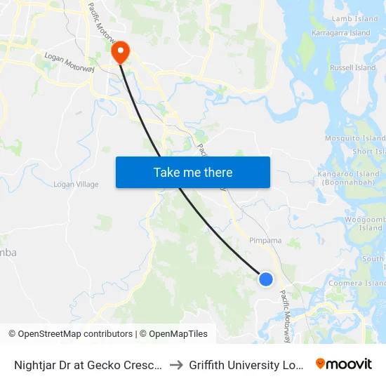 Nightjar Dr at Gecko Crescent to Griffith University Logan map