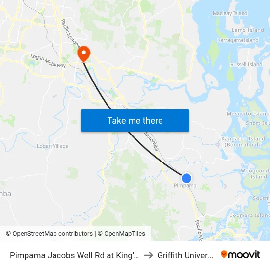 Pimpama Jacobs Well Rd at King's Christian College to Griffith University Logan map
