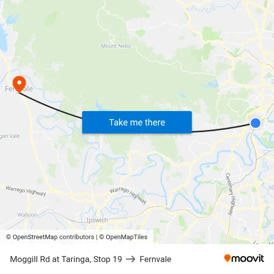 Moggill Rd at Taringa, Stop 19 to Fernvale map
