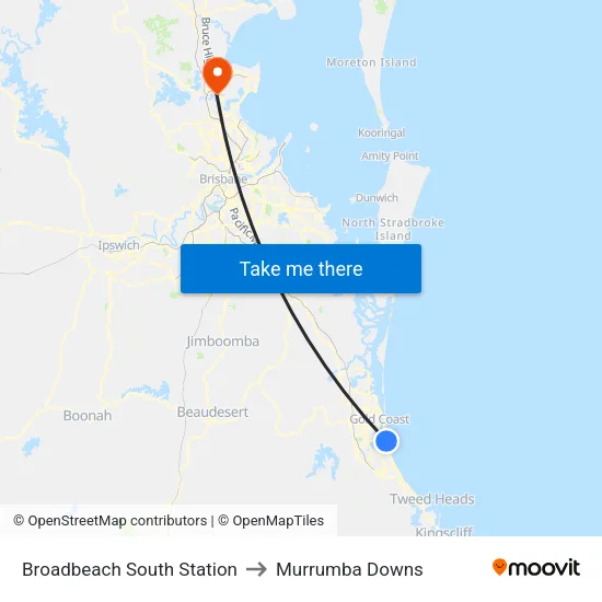 Broadbeach South Station to Murrumba Downs map