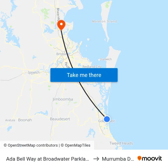 Ada Bell Way at Broadwater Parklands Station to Murrumba Downs map