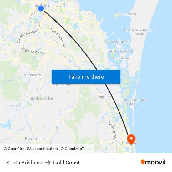 South Brisbane to Gold Coast map