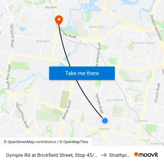 Gympie Rd at Brickfield Street, Stop 45/44 to Strathpine map