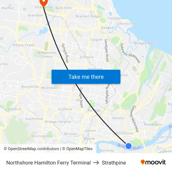 Northshore Hamilton Ferry Terminal to Strathpine map
