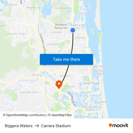 Biggera Waters to Carrara Stadium map