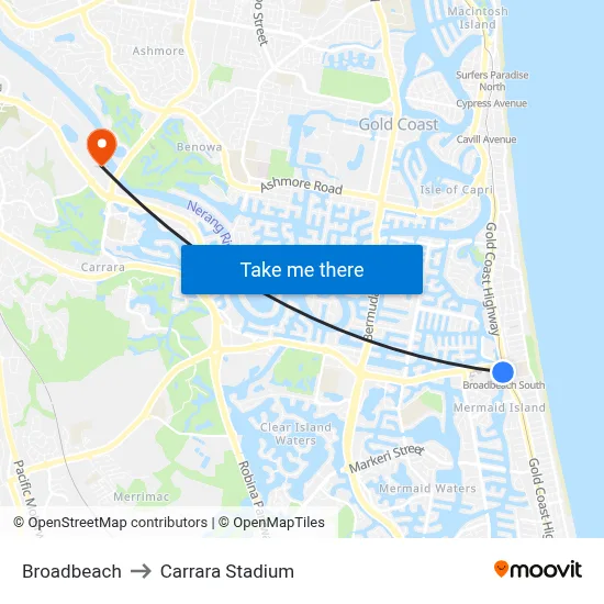 Broadbeach to Carrara Stadium map