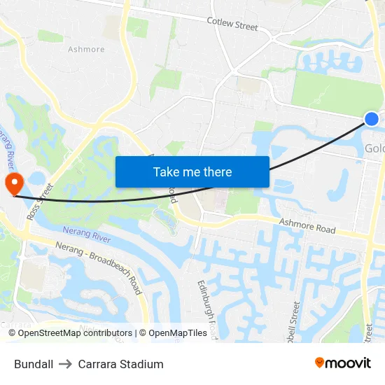 Bundall to Carrara Stadium map