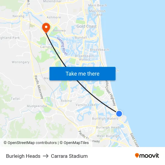 Burleigh Heads to Carrara Stadium map