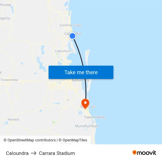 Caloundra to Carrara Stadium map