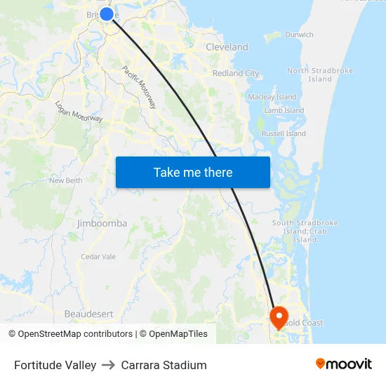 Fortitude Valley to Carrara Stadium map