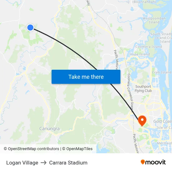 Logan Village to Carrara Stadium map