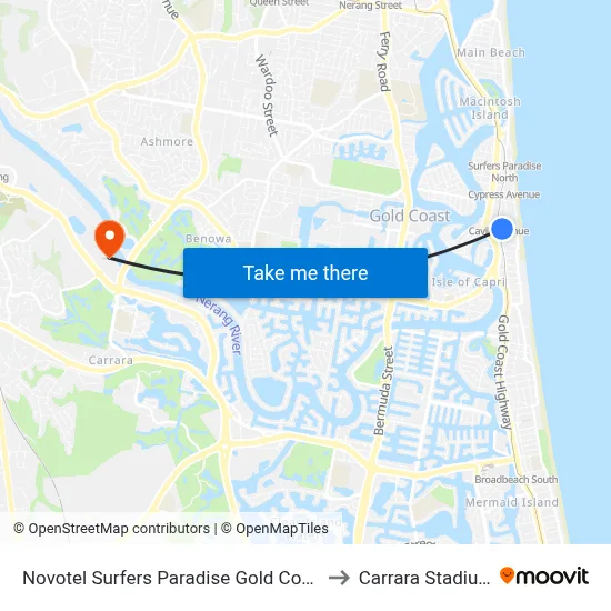 Novotel Surfers Paradise Gold Coast to Carrara Stadium map