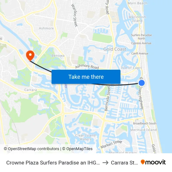 Crowne Plaza Surfers Paradise an IHG Hotel Gold Coast to Carrara Stadium map