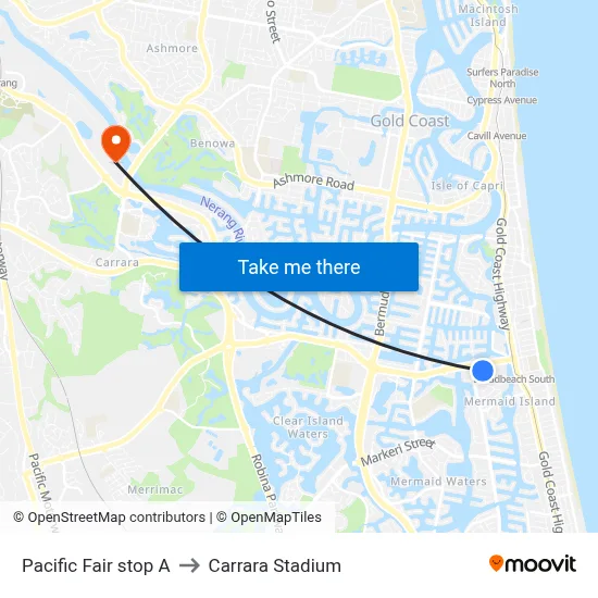 Pacific Fair stop A to Carrara Stadium map