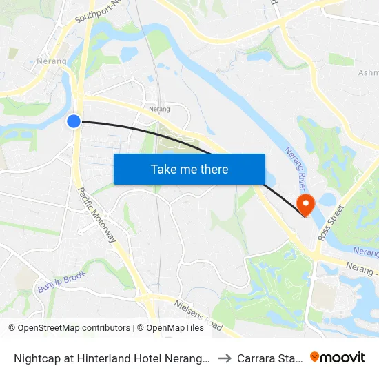 Nightcap at Hinterland Hotel Nerang Gold Coast to Carrara Stadium map