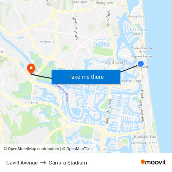 Cavill Avenue to Carrara Stadium map