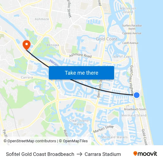 Sofitel Gold Coast Broadbeach to Carrara Stadium map