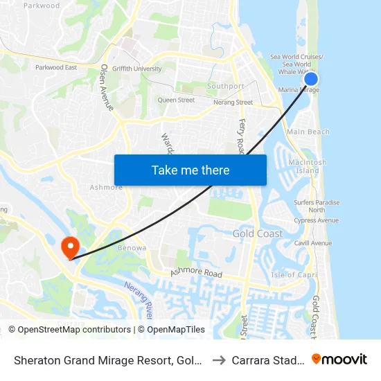 Sheraton Grand Mirage Resort, Gold Coast to Carrara Stadium map